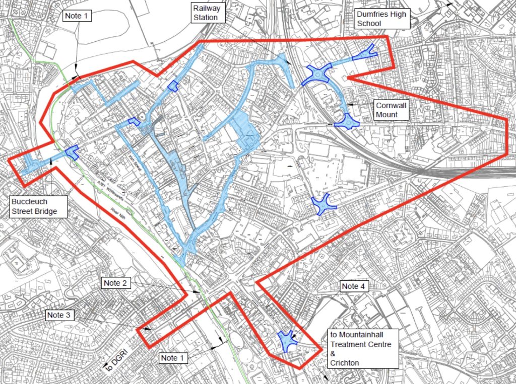 A map showing the study area of work being undertaken by Systra, SWestrans and Dumfries and Galloway Council to assess options for improving active travel routes in the town centre.